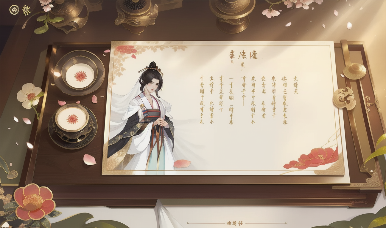 92940-3702311104-Game interface,(a piece of Chinese painting paper white),placed on the table,Chinese text,petals,book,scenery,red cover (gold ba.png